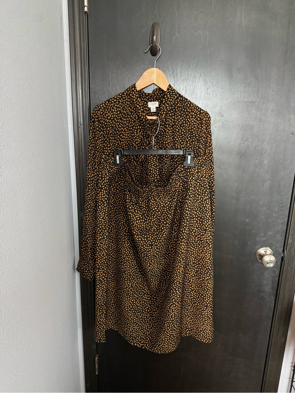 Matching blouse and skirt, black and brown print